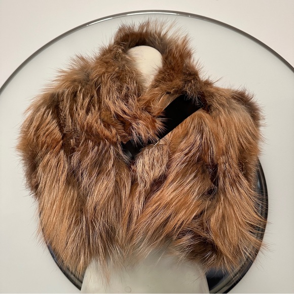 LANVIN Paris Made In Italy Black Brown Fur Wrap Collar Scarf Patent Buckle - Picture 14 of 15